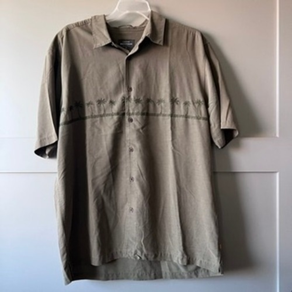 Quiksilver Waterman Men L Palm Tree Short Sleeve Button Up Shirt Green‎ Tropical